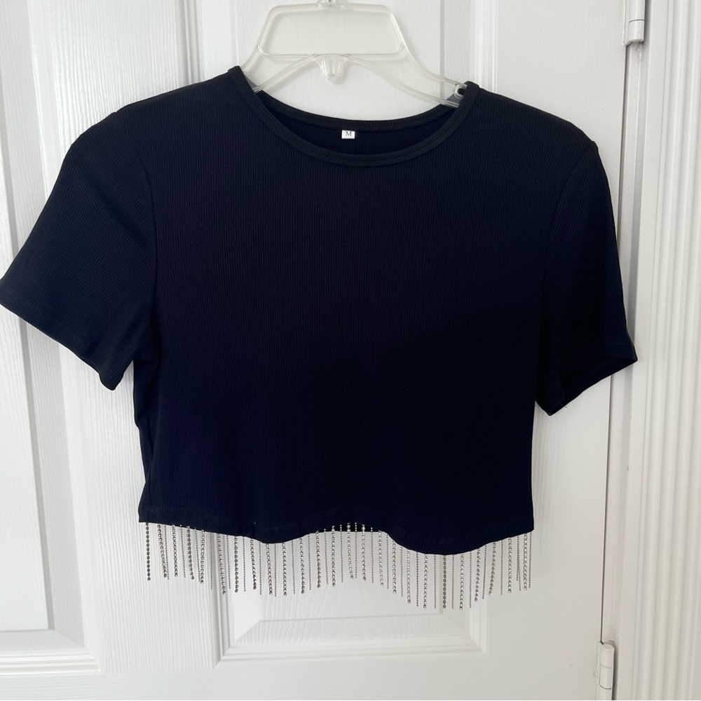 Black Ribbed Short Sleeve Crop Top with Rhinestone Fringe Detail | Medium
